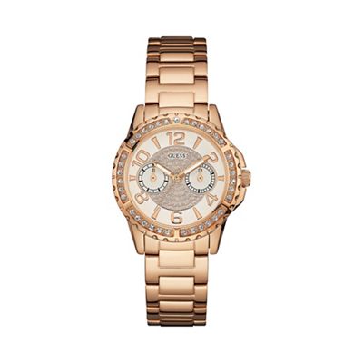 Ladies rose gold watch with multifunctional dial and crystal detailing w0705l3